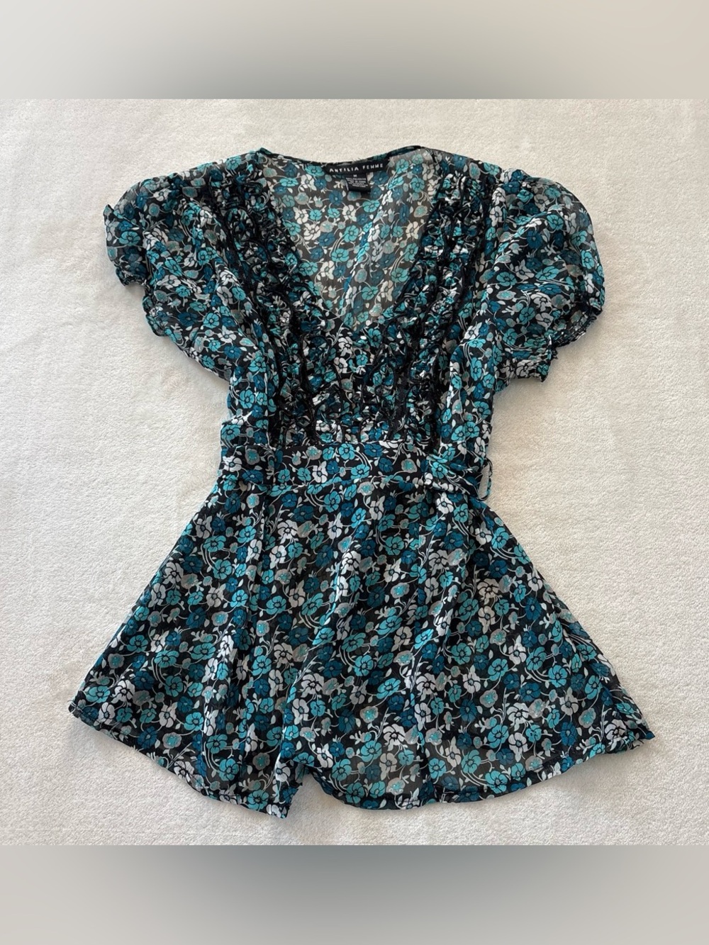 Y2K Antilia Femme Blue Black Floral Sheer Babydoll Blouse Tie Back Medium